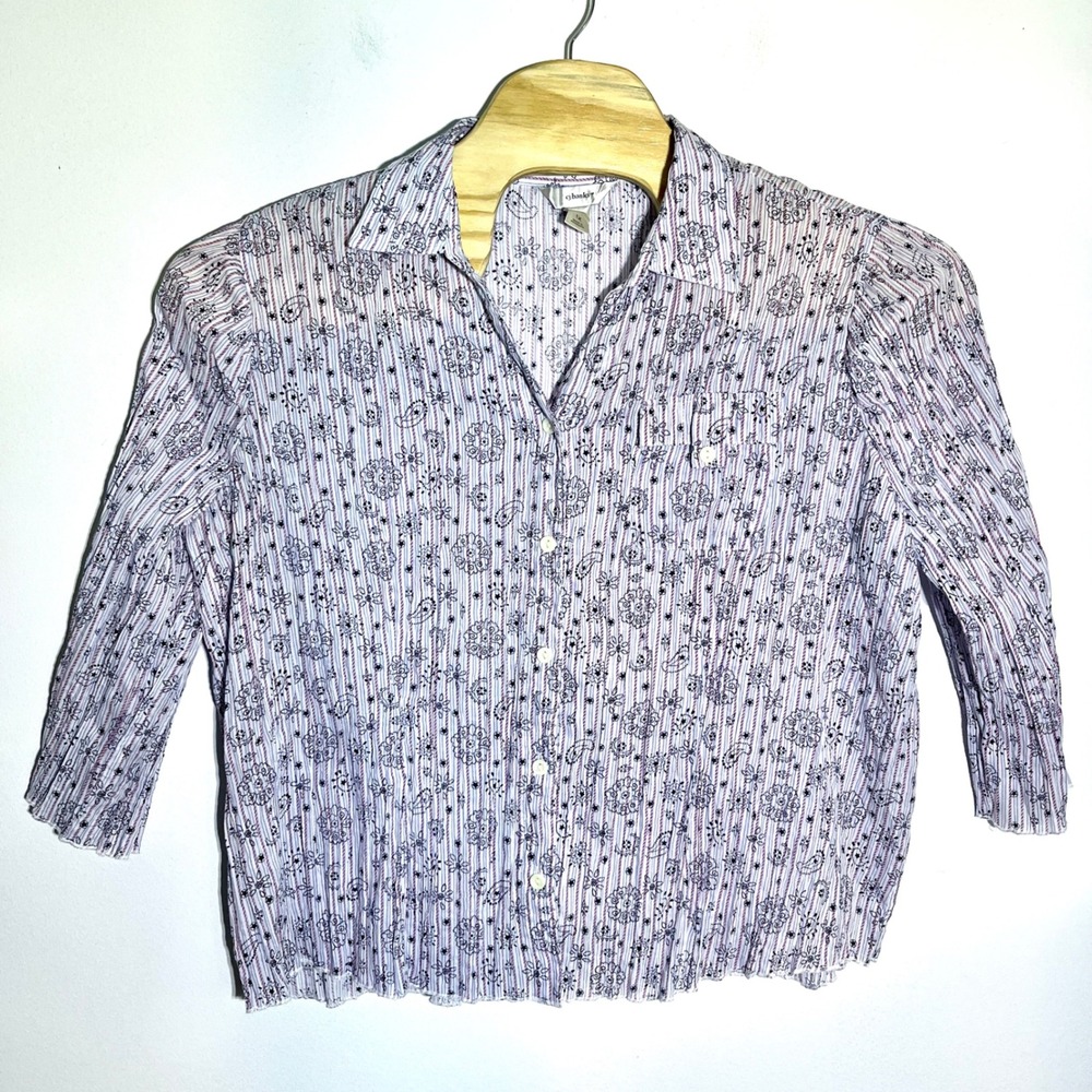 CJ Banks Paisley Button Down Top Striped 3/4 Sleeve Blouse 1X Patriotic red blue